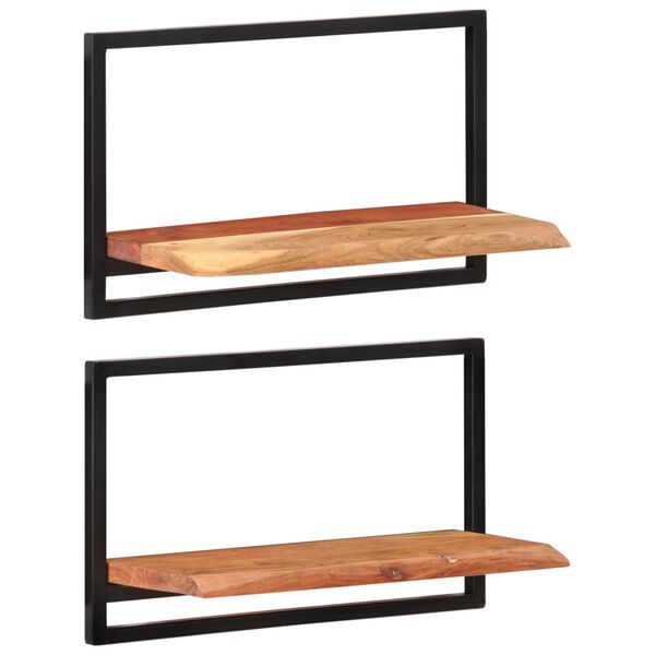 vidaXL Wall Shelf Set of 2 Natural wood, Black Solid acacia wood, Steel