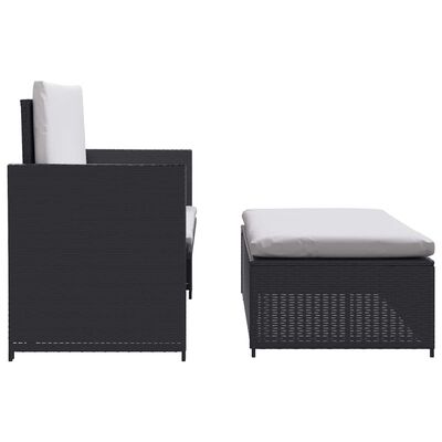 Side and end views of a dark wicker modular outdoor seating set with cushions.
