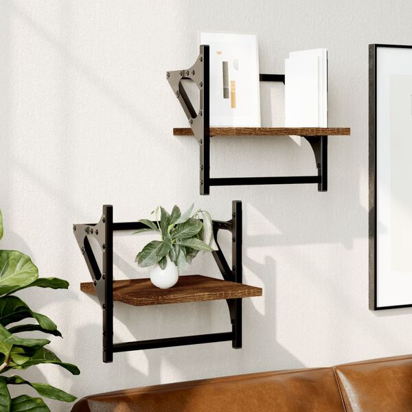 vidaXL Wall Shelf Set of 2 Brown oak Engineered wood, metal Medium