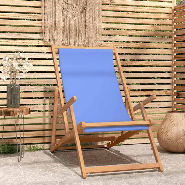 vidaXL Beach Chair Blue Teak wood, Polyester Medium Foldable