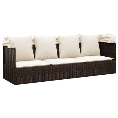 Outdoor wicker sofa with five beige cushions arranged along the back.