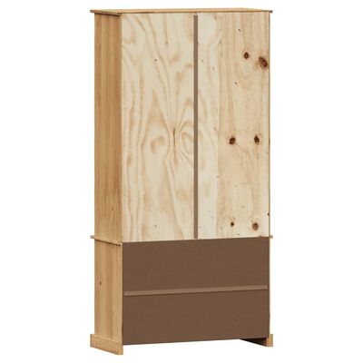 Tall wooden wardrobe with two-tone drawer at bottom
