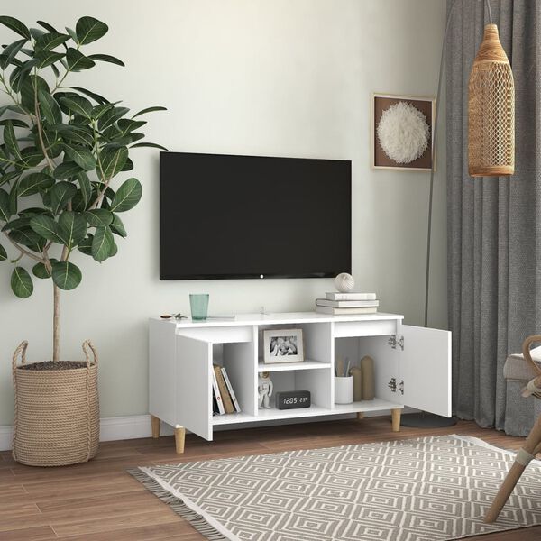 vidaXL TV Cabinet White Engineered Wood, Solid Eucalyptus Wood Medium