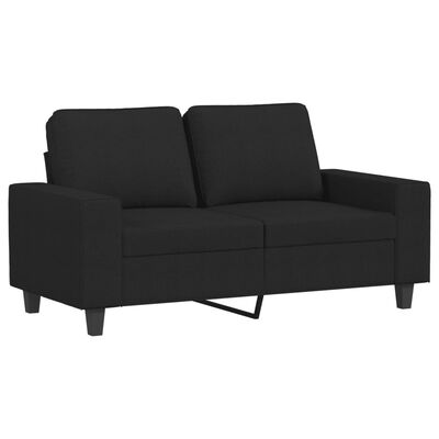 Close-up of a dark gray two-seat loveseat with cushioned back and armrests, fabric upholstery.