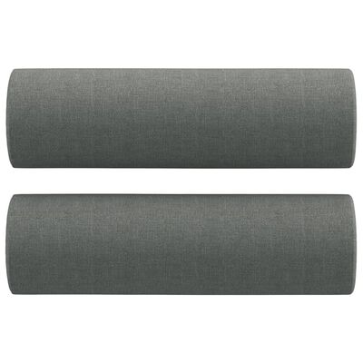 Two cylindrical grey bolster cushions, fabric upholstery