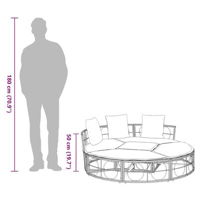 silhouette of a person beside a complete round outdoor sofa set for scale