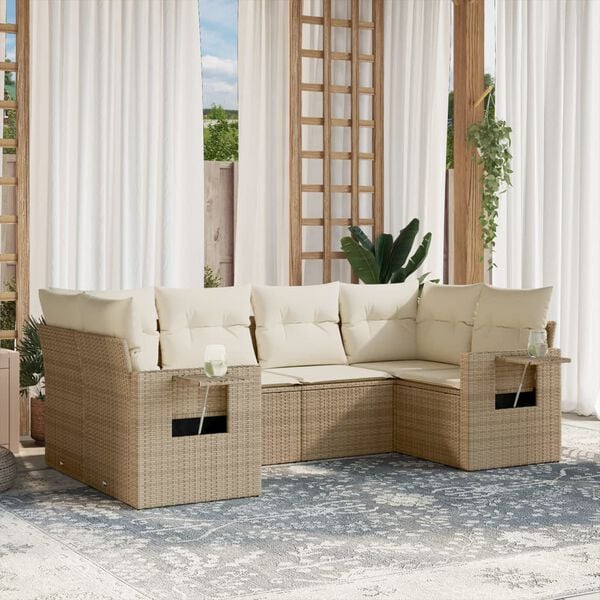 vidaXL Garden Sofa Set Beige PE Rattan and Polyester 6 Piece Modular