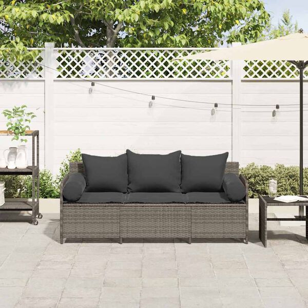 vidaXL Garden Sofa Grey PE rattan 3-Seater Removable Covers