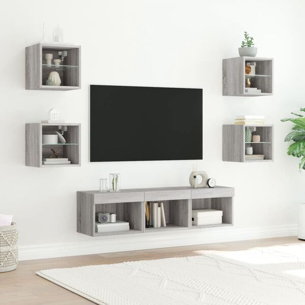 vidaXL TV Wall Unit Set of 7 Grey Sonoma Engineered wood, glass Large