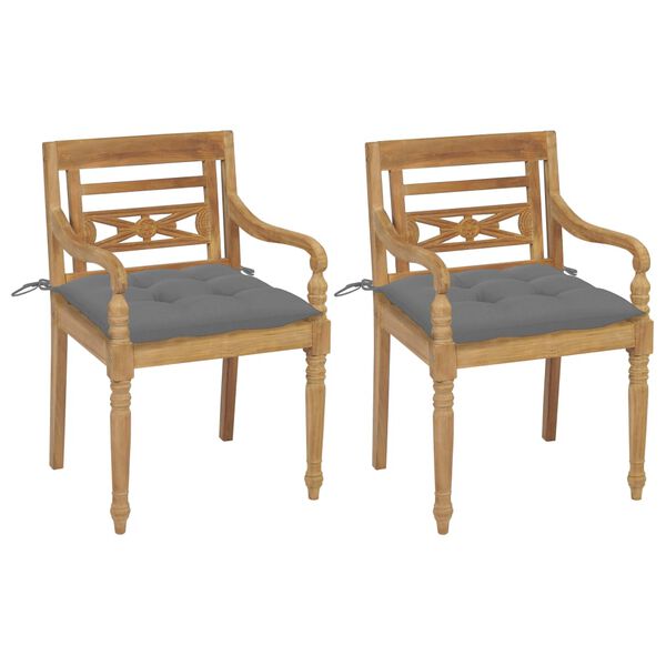vidaXL Batavia Chairs 2 pcs with Gray Cushions Solid Teak Wood