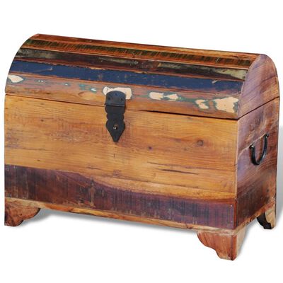 A wooden treasure chest with curved lid and metal latch, painted and distressed surface.