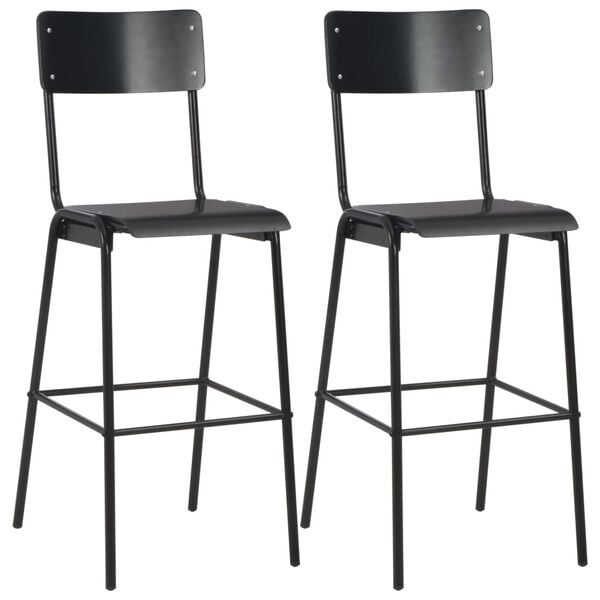 vidaXL Bar Chair Set of 2 Black Solid Plywood, Powder-Coated Steel