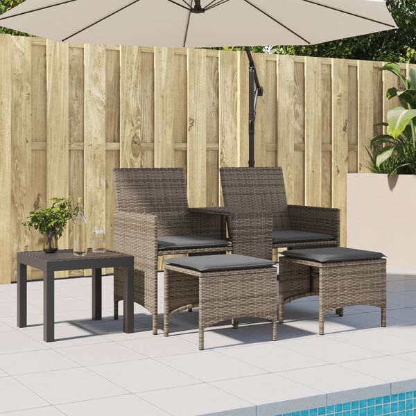 vidaXL Patio Sofa 2-Seater with Table and Stools Grey Poly Rattan