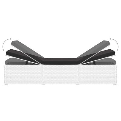 Three-section white wicker outdoor chaise lounge sections with adjustable backs and black cushions in a row.