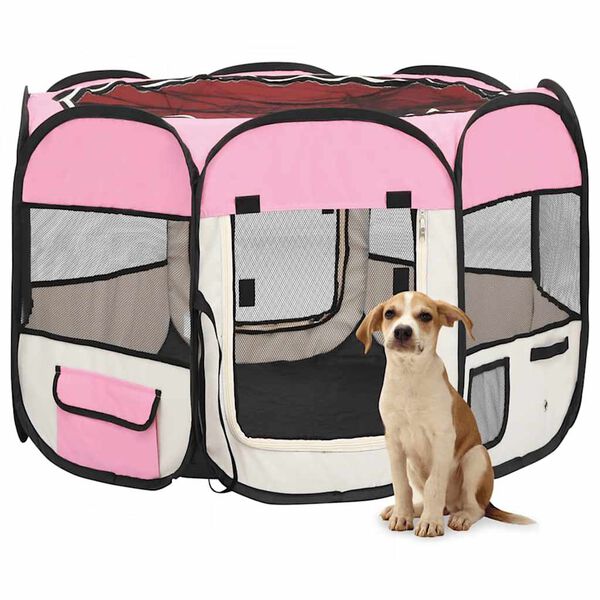 vidaXL Dog Playpen Pink and Cream Polyester and Steel Medium Foldable