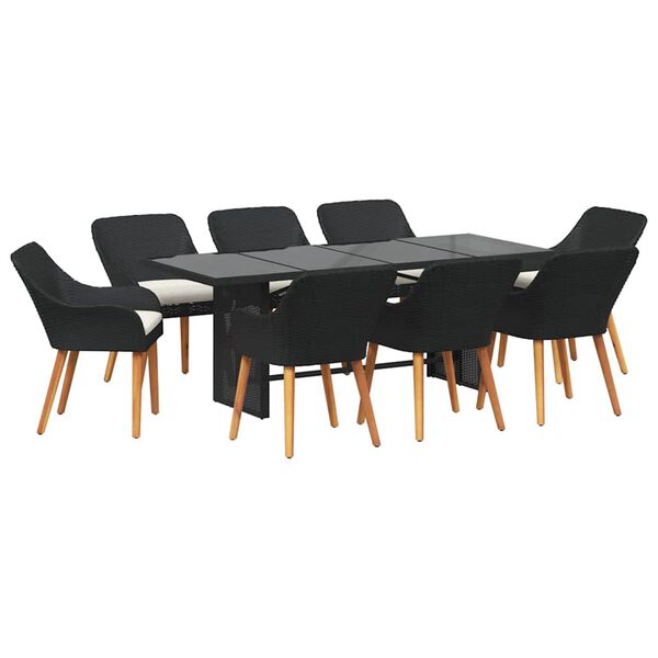 vidaXL Garden Dining Set with Cushion 9 pcs Black poly rattan