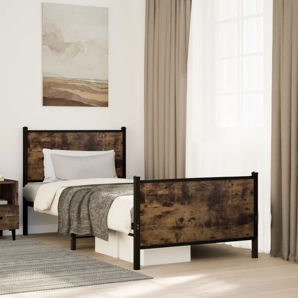vidaXL Bed Frame Smoked Oak Steel, Engineered Wood Small Single