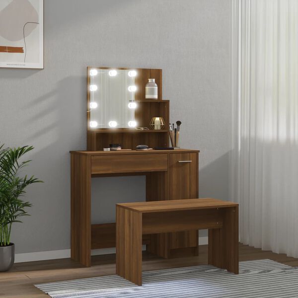 vidaXL Dressing Table Set With LED Brown oak Engineered wood Medium