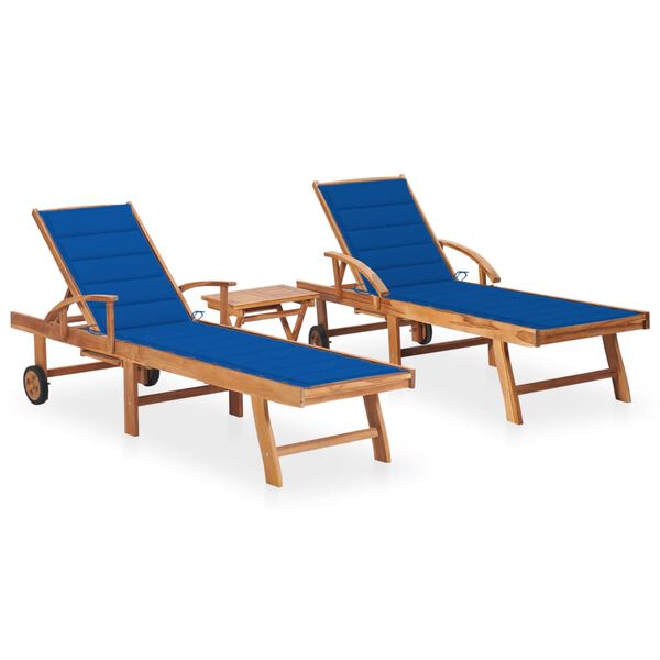 vidaXL Sun Loungers 2 pcs with Table and Cushion Solid Teak Wood