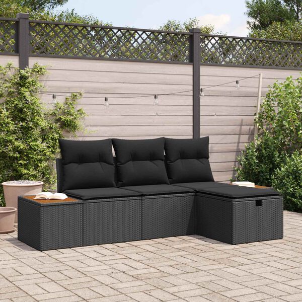 vidaXL Garden Sofa Set with Cushion 4 pcs Black Poly Rattan