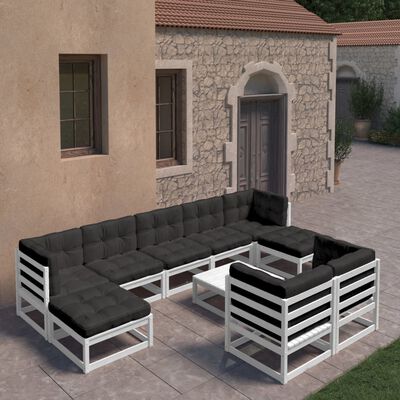 vidaXL 10 Piece Patio Lounge Set with Cushions White Solid Pinewood