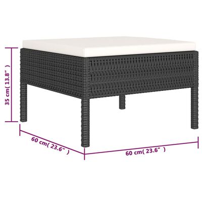 Rectangular outdoor ottoman with white cushion, dimensions: height 35 cm, length 60 cm, width 60 cm.