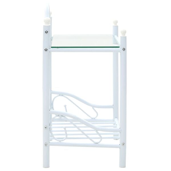 vidaXL Bedside Table White Steel and Tempered Glass 17.7 x 11.8 x 23.6 in