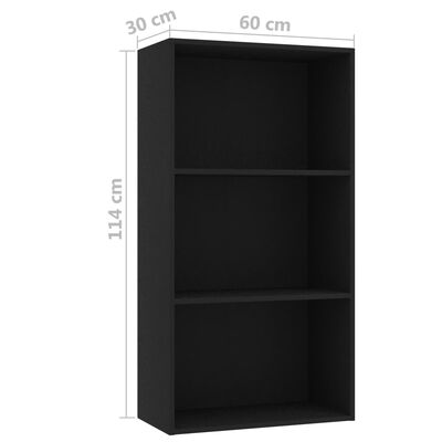 vidaXL 3-Tier Book Cabinet Black 23.6"x11.8"x44.9" Engineered Wood