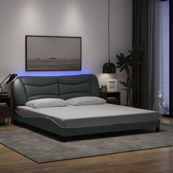 vidaXL Bed Frame with LED without Mattress "Hvar" Light Gray 72"x83.9"Fabric