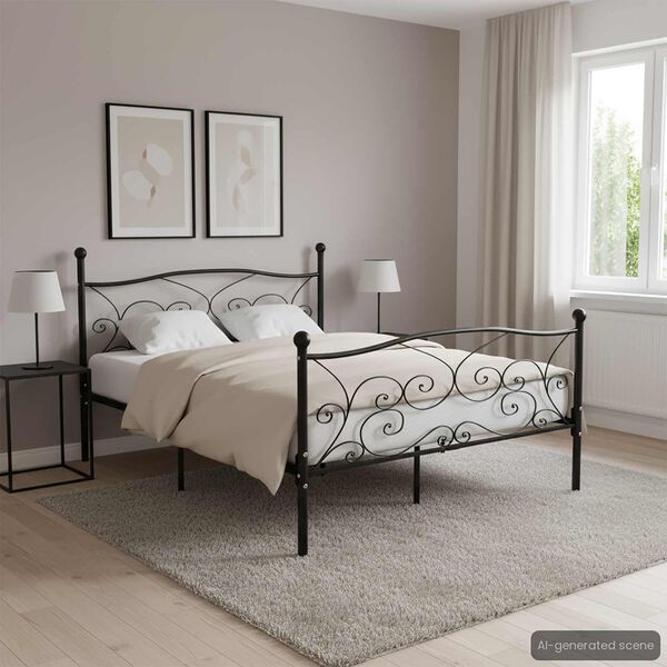 vidaXL Bed Frame Black Metal, Plywood Full Modern Bed Frame