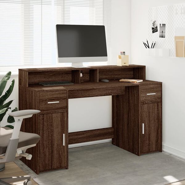 vidaXL Desk with LED Lights Brown Oak 55.1x21.7x35.8" Engineered Wood