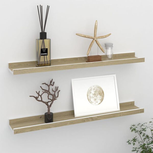 vidaXL Wall Shelf Set of 2 White and Sonoma Oak MDF 23.6in long