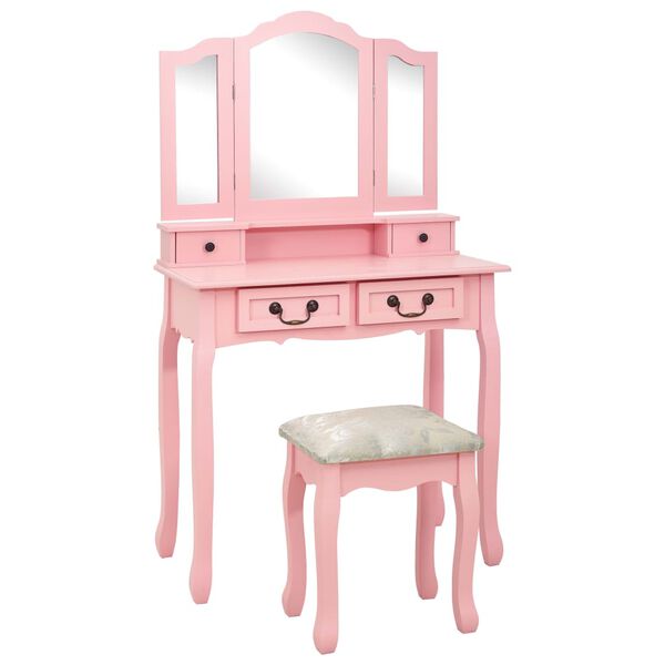 vidaXL Dressing Table Set with Stool Pink 31.5x27.2x55.5" Paulownia Wood
