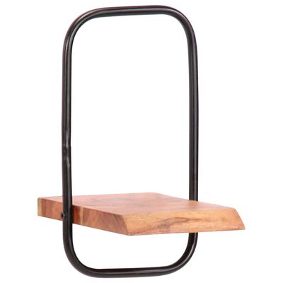 Close-up of a single wall shelf: black metal U-shaped frame with a rectangular wooden shelf.