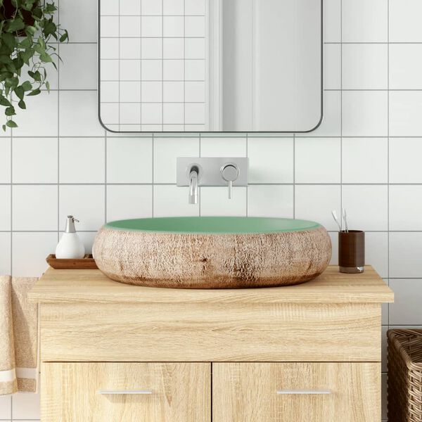 vidaXL Countertop Basin Green and Brown Oval 23.2x15.7x5.9" Ceramic