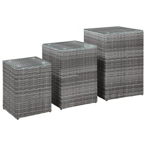 vidaXL Side Table Set of 3 Gray Poly rattan, glass, metal