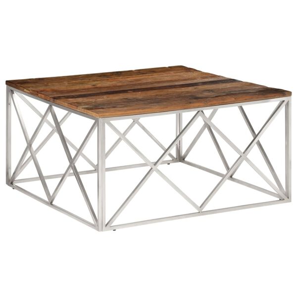 vidaXL Coffee Table Silver, Natural Wood Stainless Steel, Solid Sleeper Wood