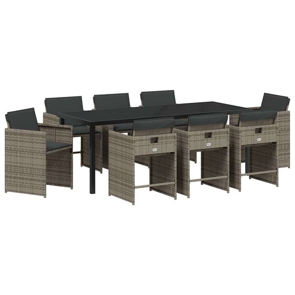 vidaXL Garden Dining Set with Cushion 9 pcs Grey Poly Rattan