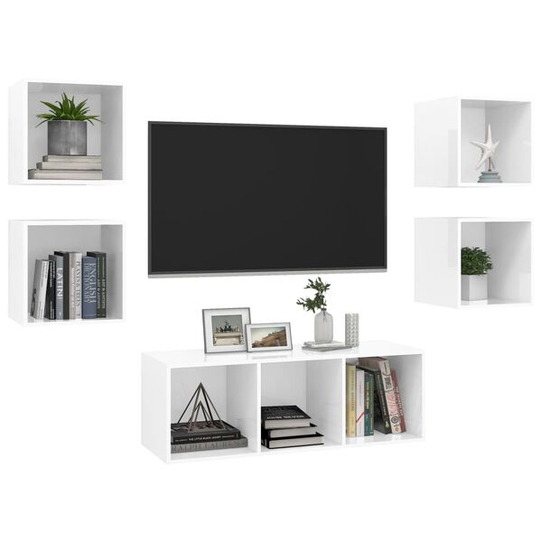 vidaXL TV Cabinet Set Shiny White Engineered Wood TV Cabinet Set Square