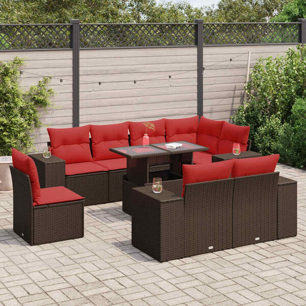 vidaXL 9 Piece Patio Sofa Set with Cushions Brown Poly Rattan Acacia