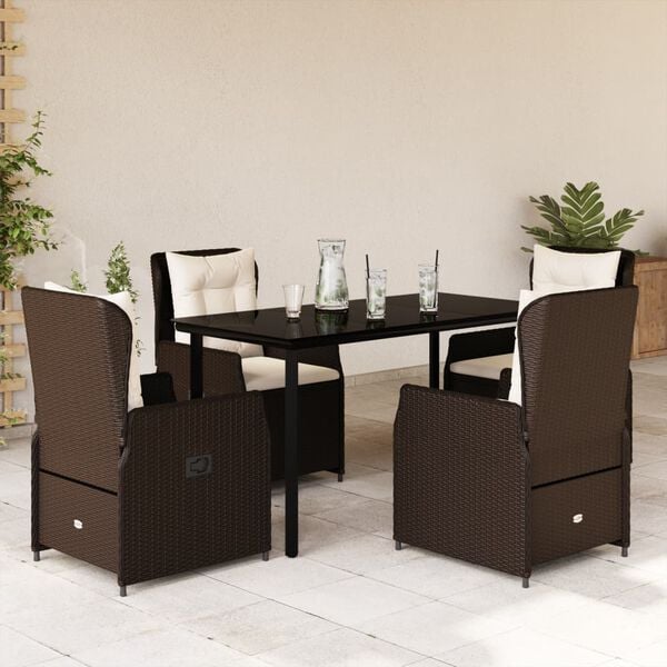 vidaXL 5 Piece Patio Dining Set with Cushions Brown Poly Rattan