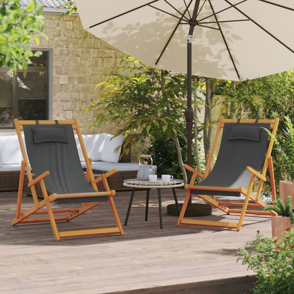 vidaXL Folding Beach Chair Set of 2 Grey Solid eucalyptus wood Medium