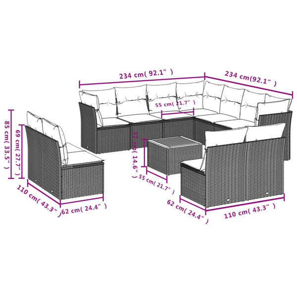 vidaXL 12 Piece Patio Sofa Set with Cushions Black Poly Rattan