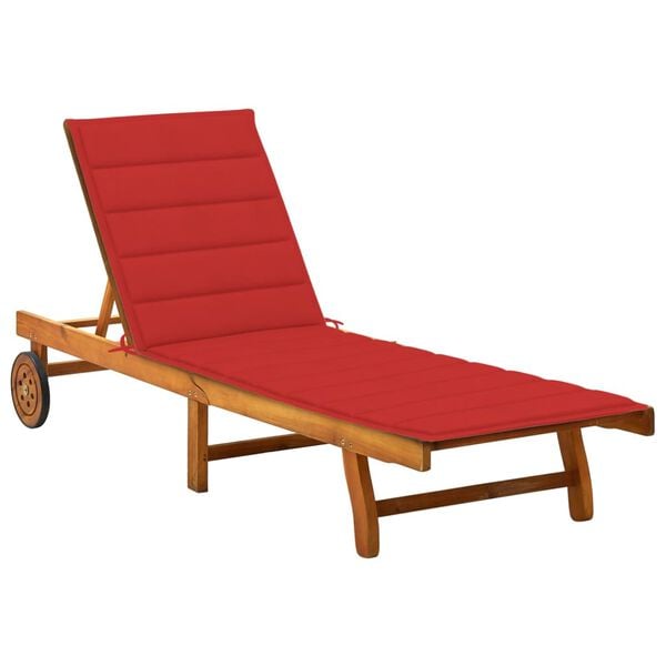 vidaXL Sunlounger Brown (Wood), Red (Cushion) Solid Acacia Wood Large