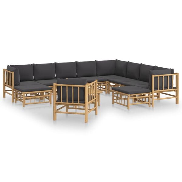 vidaXL Garden Lounge Set Dark grey cushions, natural bamboo frame