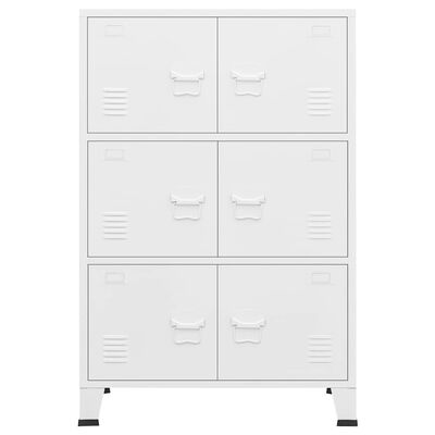 White cabinet with six small doors arranged in three rows, four legs