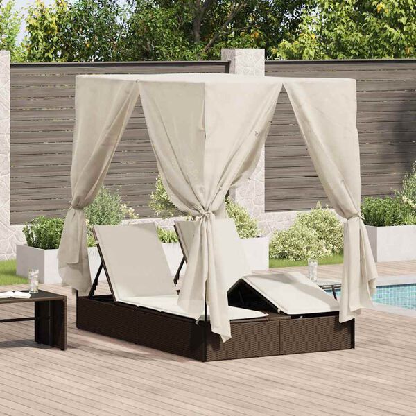 vidaXL Double Sun Lounger with Roof Brown 205 x 129 x 200 cm PE rattan