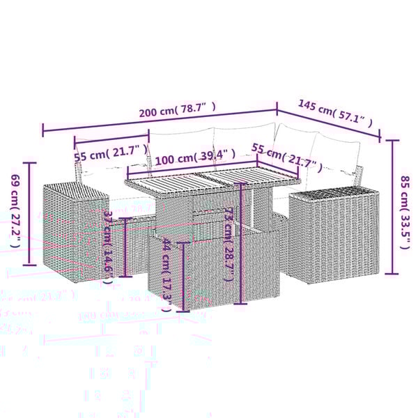 vidaXL 5 Piece Patio Sofa Set with Cushions Black Poly Rattan