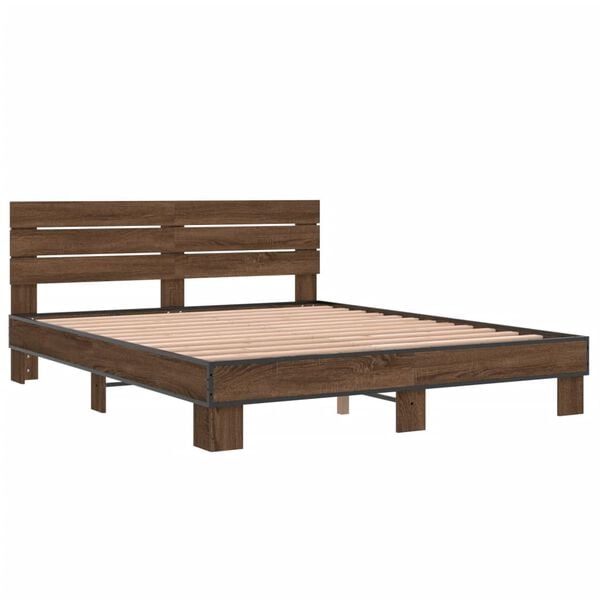 vidaXL Bed Frame Brown Oak Engineered Wood, Metal King Size Modern