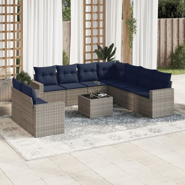 vidaXL 10 Piece Patio Sofa Set with Cushions Gray Poly Rattan